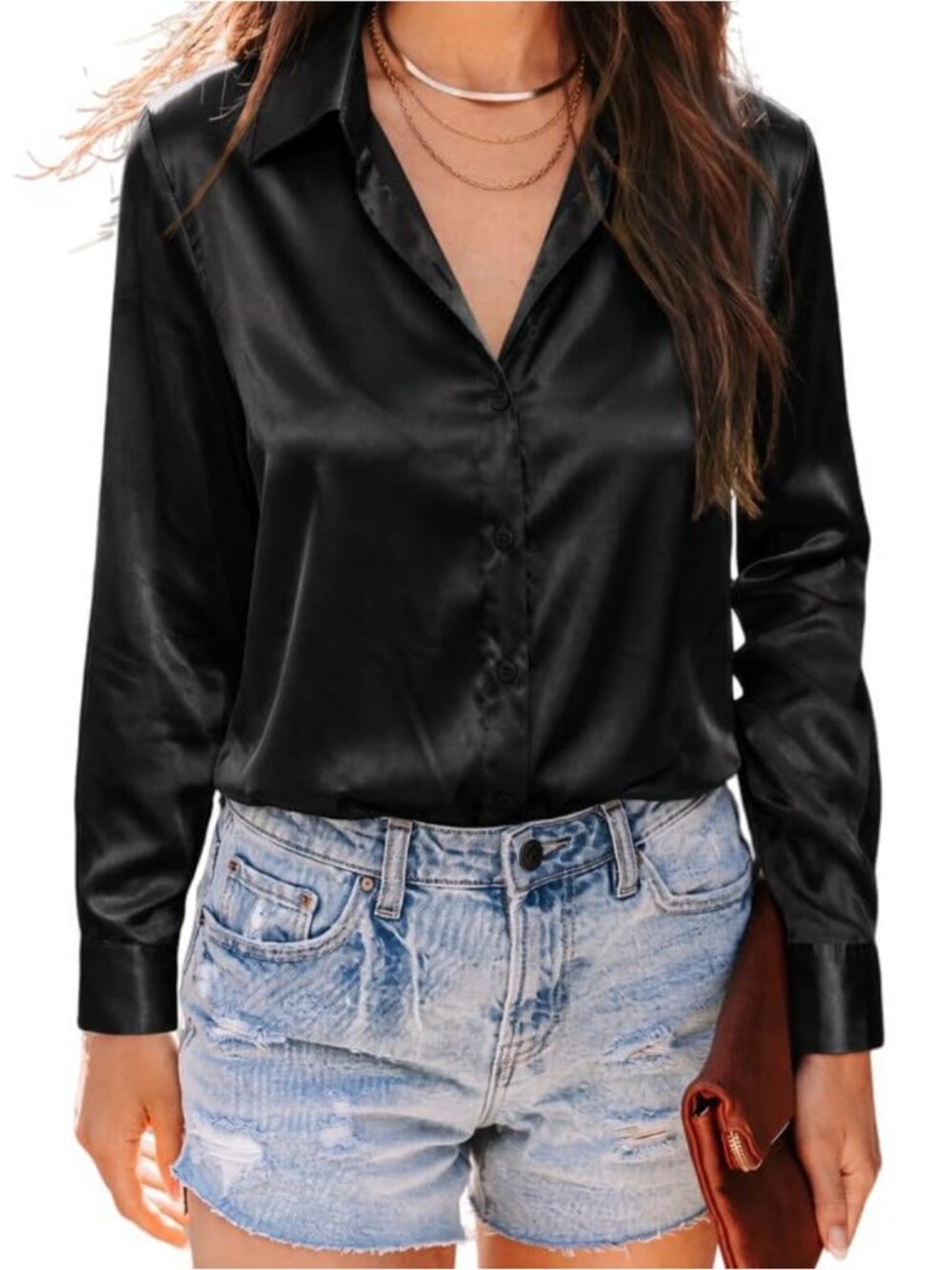 Women's Satin Button Down Shirt Long Sleeve Silky Blouse Office Top